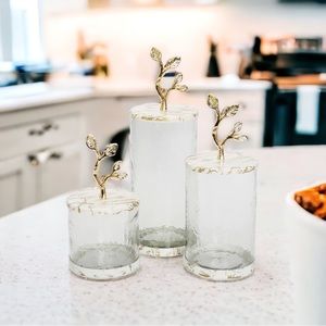 New with Box Glass Canisters Set of 3 With White/Gold Marble Lid And Leaf Handle